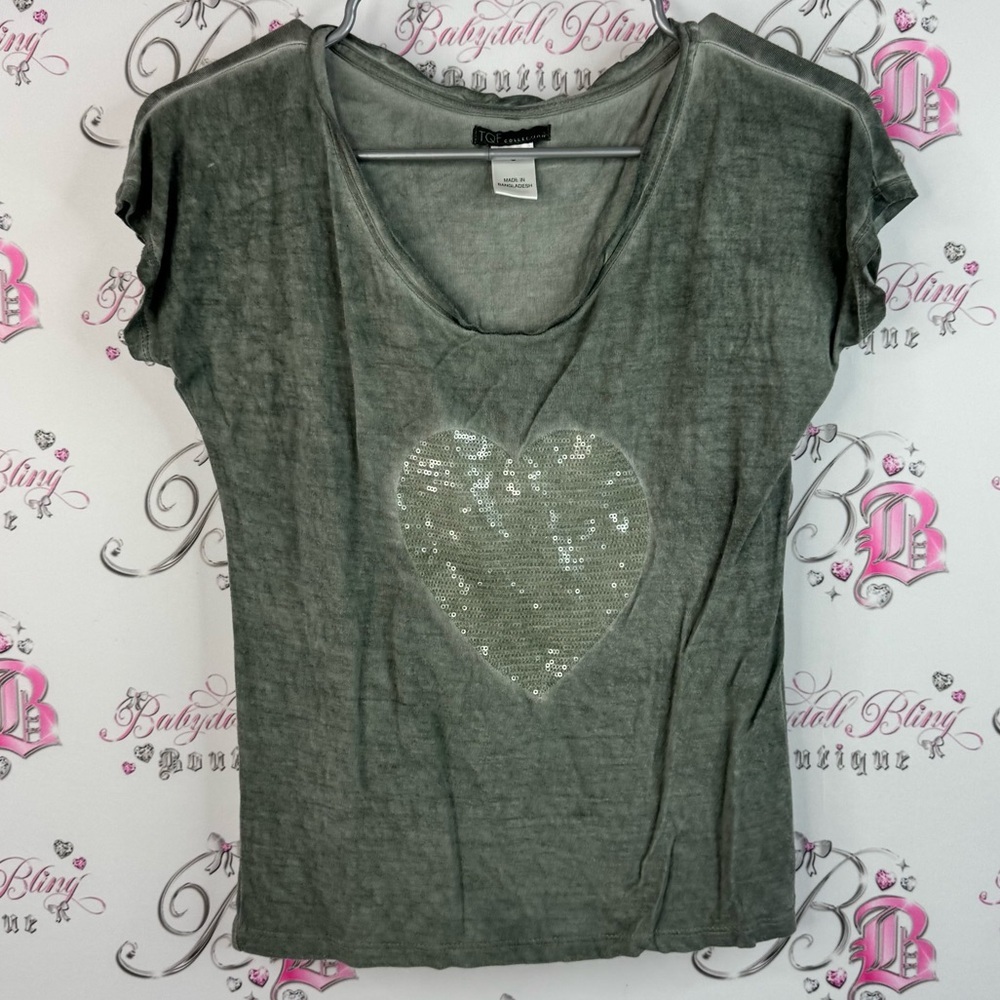 TQF collection tshirt heart sparkly sequin embroidered grey Olive Heart Tee